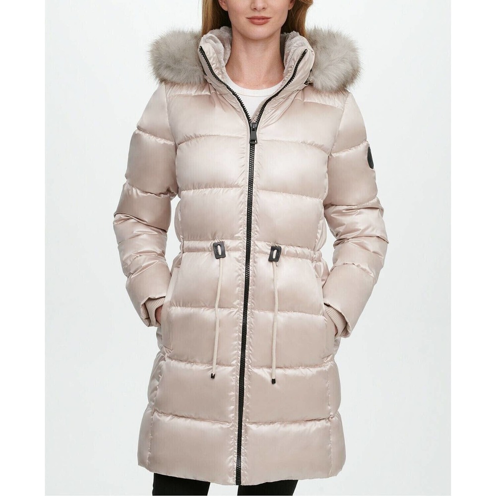 DKNY High-Shine Faux-Fur-Trim Hooded Puffer Coat Womens Champagne Cream